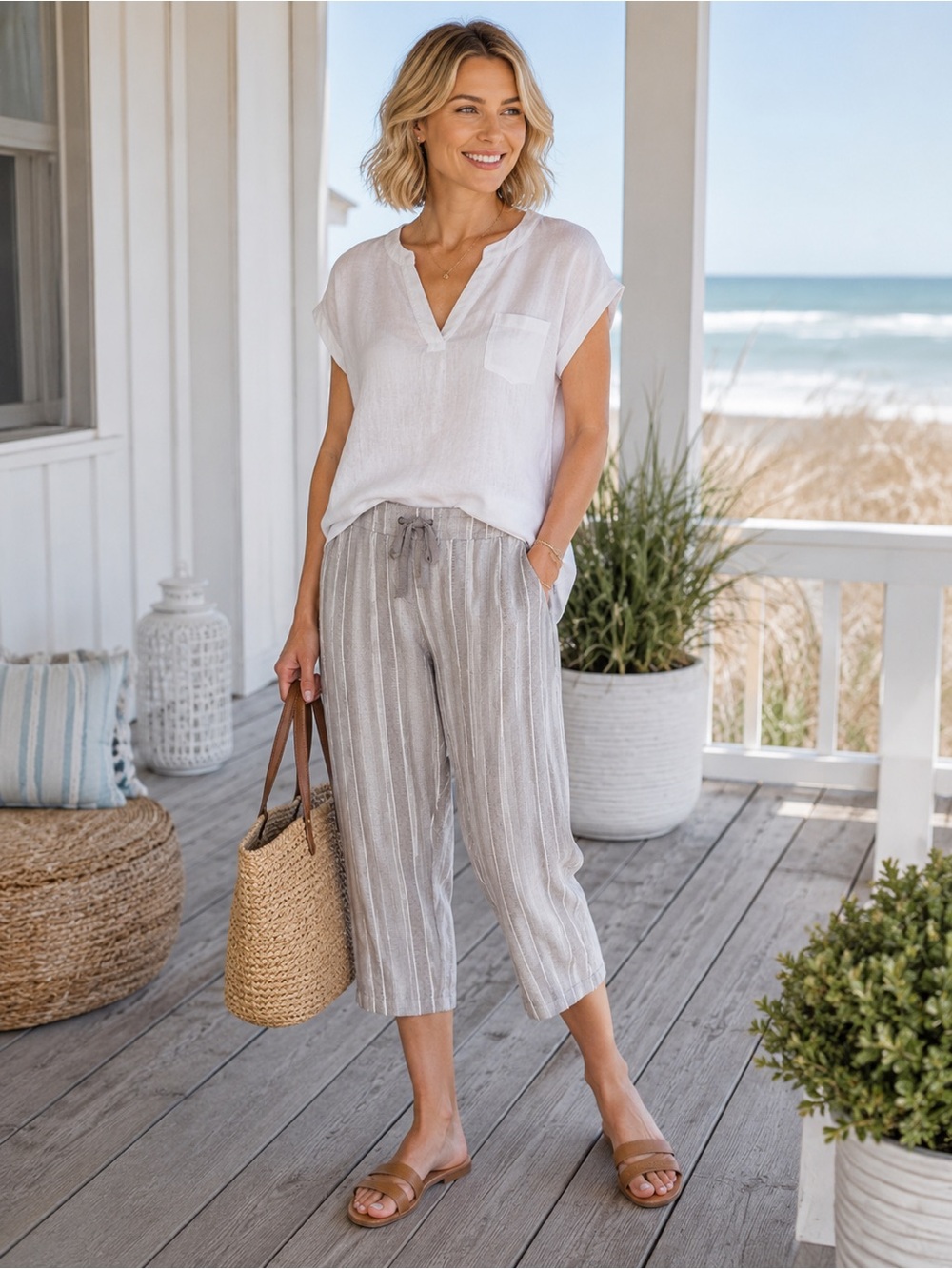 dā-s h‎ 100% Linen Coastal Taupe Club Stripe Capri Pants PS NWT Beachy Resort